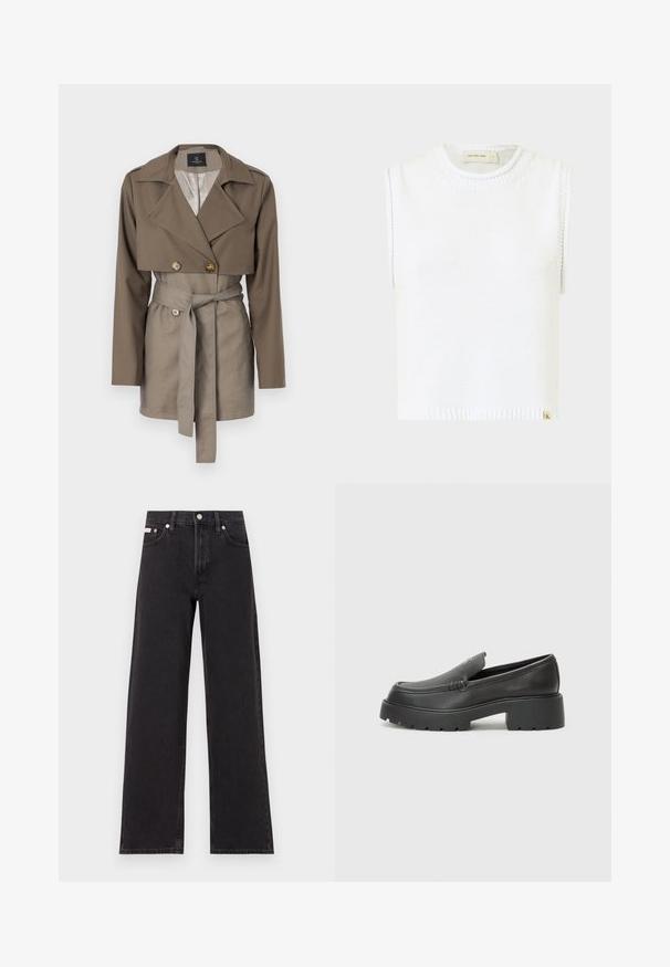 Khaki topelt pandud jakk lühendatud disainiga, pika varrukaga ja vöödiga. Omab suuri nuppe ja sileda kangastekstuuri.; Valge ilma varrukateta kudumisel põhinev top, ümmarguse kaeluse, kere ribitud ääre ja külgõmblustega; alumises servas on väike bränditud silt.; Mustad laiad mustad teksad, millel on kõrge vöökoht, viie tasku stiil ja metallist nööpkinnitus kontrastsete õmblustega.; Mustad nahast loafers ümarate varvastega, paksu tekstuuriga tald ja minimaalsete õmbluse detailidega. Viimistletud disain, kus pole nähtavaid paelu ega riistu.