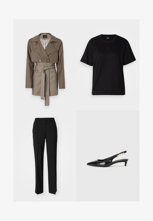 Khaki dwurzędowa kurtka o krojonym fasonie, z długimi rękawami i paskiem w talii. Zawiera duże guziki i gładką teksturę materiału.; Czarny bawełniany t-shirt z okrągłym dekoltem, krótkimi rękawami i haftowanym logo na piersi. Prosty, luźny krój bez wzorów.; Czarne spodnie o dopasowanym kroju z prostymi nogawkami, o gładkiej fakturze i wyraźnych zagięciach z przodu. Bez widocznych elementów metalowych.; Czarne skórzane szpilki typu slingback z ostrym noskiem, posiadające smukły obcas i złoty akcent na regulowanym pasku. Gładka tekstura.