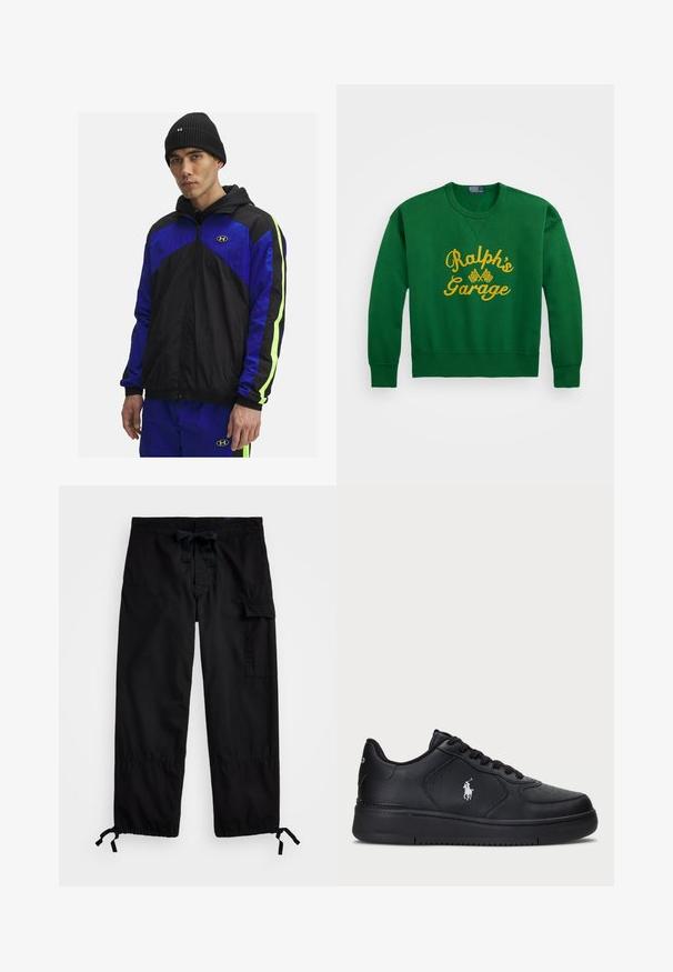 Mustikkasininen tuulipuku, jossa on huppu ja neonvihreät yksityiskohdat hihoissa, valmistettu kevyestä kankaasta. Mukana etuvetoketju ja logo.; Vihreä huppari pyöreällä kaula-aukolla, jossa on keltainen brodeerattu teksti "Ralph’s Garage" ja ruudulliset yksityiskohdat. Sekakuitumateriaali.; Mustat cargo-housut, joissa on joustava vyötärö ja kiristysnauha. Ominaisuuksina sivutaskut ja säädettävät lahkeet, joissa on säädettävät togglet. Valmistettu kevyestä kankaasta.; Mustat nahkakengät, joissa on rei'itetty muotoilu, tasaiset nauhakampaus ja valkoinen brodeerattu logo sivussa. Paksu musta kumipohja.