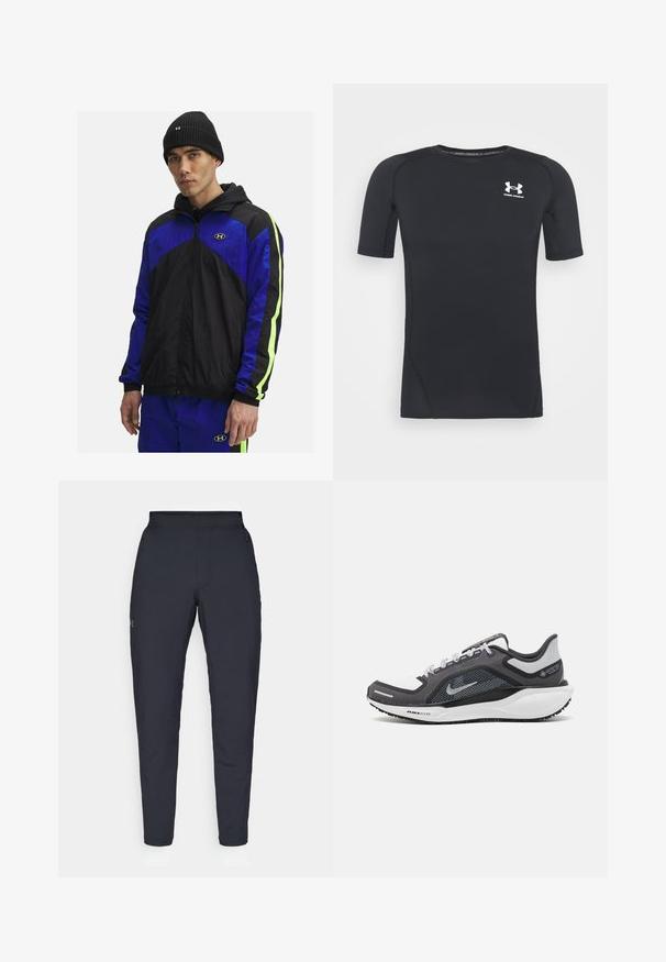 Melnas un zilas vējjaka ar kapuci, ar neona zaļiem akcentiem uz piedurknēm, izgatavota no viegla auduma. Ietver priekšējo rāvējslēdzēju un logo.; Melnas īsās piedurknes sporta krekliņš izgatavots no mitrumu absorbējoša, elastīga auduma. Tam ir apaļa kakla izgriezuma forma un neliels balts logo krūšu rajonā.; Melnas sporta bikses ar gludu tekstūru, šauru piegriezumu, elastīgu jostu un sānu kabatām. Uz kreisā augšstilba ir mazs logs.; Melnas un pelēkas sporta kurpes ar tīklu augšdaļu, atstarojošiem akcentiem un baltu starpzoli. Aprīkotas ar teksturētu gumijas zoli un šņorēm.