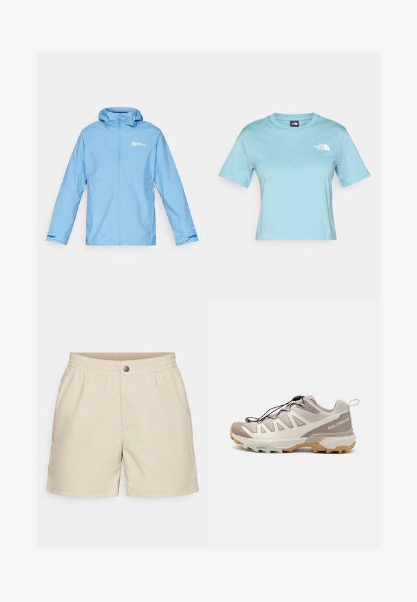 Helleblaue, wasserdichte Jacke mit Kapuze, durchgehendem Reißverschluss, elastischen Bündchen und Logo-Details auf der Brust und dem Ärmel. Glatte Textur.; Hellblaue Baumwoll-T-Shirt mit kurzen Ärmeln und Rundhalsausschnitt. Es hat ein kleines weißes Logo auf der Brust und ein lässiges Design.; Beige Shorts aus leichtem Stoff, mit elastischem Bund, Fronttaschen und einem einzelnen Druckknopfverschluss, mit glatter Textur.; Leichte Trail-Schuhe mit einem beige-grauen Mesh-Obermaterial, schwarzen Schnürsenkeln und einer flexiblen Gummisohle in Beige und Mintgrün. Dezente Markenkennzeichnung vorhanden.
