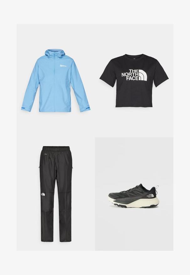 Šviesiai mėlyna vandeniui atspari striukė su gobtuvu, visiškai užtrauktuku priekyje, elastinėmis rankovėmis ir logotipo detalėmis ant krūtinės ir rankovės. Glotni tekstūra.; Juodas trumpas medvilninis marškinėliai, kuriuose yra baltas logotipas su kreivomis detalėmis ir užrašu "THE NORTH FACE" priekyje. Trumpomis rankovėmis, apvaliu kaklu.; Juodi nepralaidūs vandeniui kelnių, pagamintų iš lengvos medžiagos, su elastingu juosmeniu, šoninėmis kišenėmis ir logotipu kairiajame šone.; Juodas sportinis batas su tekstūruota viršutine dalimi, su pilkomis detalėmis ir baltu viduriu. Apima pakėlimo juostelę ir ryškų prekės ženklo logotipą ant kulno.