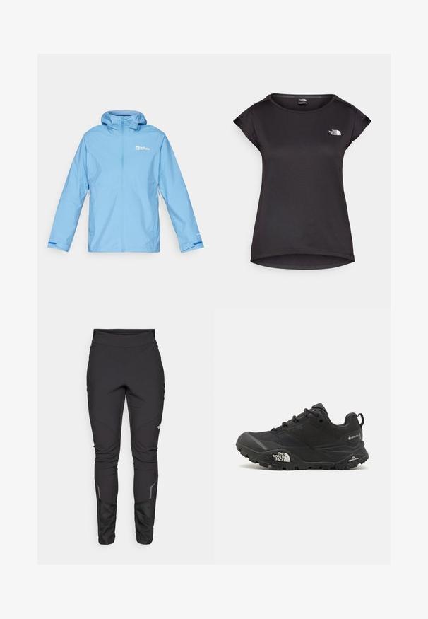 Helleblaue, wasserdichte Jacke mit Kapuze, durchgehendem Reißverschluss, elastischen Bündchen und Logo-Details auf der Brust und dem Ärmel. Glatte Textur.; The North Face TANKEN TANK - Sport T-Shirt - black; Schwarze Outdoor-Hosen mit einer figurschmeichelnden Passform, strapazierfähigem Material, reflektierenden Akzenten und Nahtpaneelen für verbesserte Beweglichkeit und Komfort.; Schwarzer Wanderschuh mit einer strukturierten Oberfläche, Schnürverschluss und einer massiven Gummisohle, die auf der Seite ein ausgeprägtes Logo sowie Profilmuster zeigt.