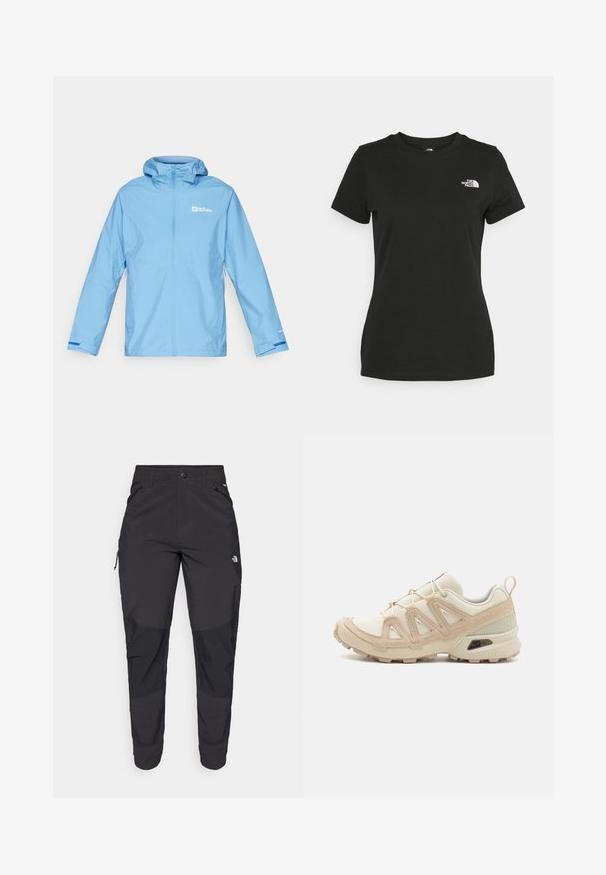 Lys blå vandtæt jakke med hætte, fuld frontlynlås, elastiske manchetter og logo-detaljer på brystet og ærmet. Glat tekstur.; Sort bomulds T-shirt med rund halsudskæring og korte ærmer. Bemærkelsesværdig hvid logo på øverste venstre side. Glat tekstur, afslappet pasform.; Sorte udendørsbukser lavet af slidstærkt stof. Har lynlåslommer, forstærkede knæpaneler og en lige skæring for bedre bevægelighed.; Beige og creme atletiksko med struktureret mesh-overdel, støttende overlays og gummiyderside med et mønster for trækkraft.