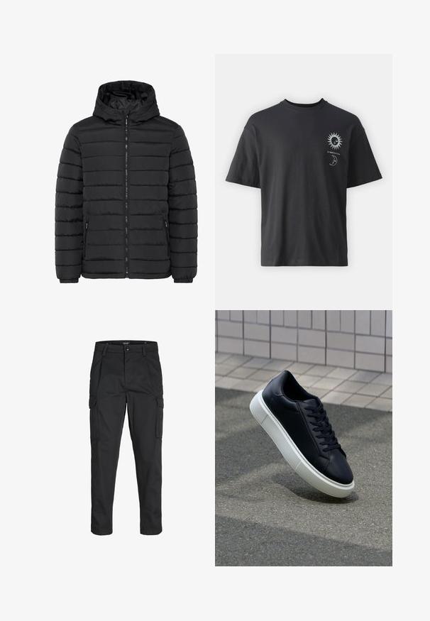 Must mustras jope must mustraks, kapuuts, tikitud tekstuur ja elastsed mansetid. Kaks küljetaskut lukuga. Pehme, isoleeritud materjal.; Must musta T-särk lühikeste varrukatega, ümar kaelus ning esiküljel päikese ja kuu graafika, millele on lisatud tekst "Le Soleil et La Lune."; Mustad mustapõlvik, mis on valmistatud tugeva koe kasutades, sisaldab mitmeid taskuid, nupule kinnitatav sulgemine ja kitsenev disain.; Mustast nahast tennisetoss, millel on ümar nina ja valge kummist tall. Omab siredaid paelu ja minimaalset õmblemist ülemises osas. Tekstuuriga tald, mis tagab haakuvuse.