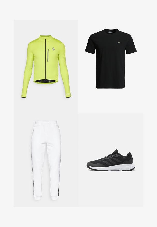 Long-sleeve cycling jacket in bright lime green, featuring a front zipper, a small chest pocket, and black accents on cuffs and hem.; Black cotton t-shirt with a crew neck, short sleeves, and a small green crocodile logo on the left chest. Smooth texture, casual design.; White sweatpants with elastic waistband, featuring black side stripes and cuffs. Made from soft fabric with a smooth texture.; Black athletic shoe featuring a textured upper, three horizontal stripes, and a white sole with a patterned tread. Lightweight and streamlined design.