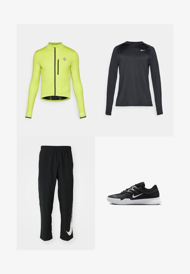 Chaqueta de ciclismo de manga larga en un brillante verde lima, con cremallera frontal, un pequeño bolsillo en el pecho y acentos negros en los puños y el dobladillo.; Camisa deportiva de manga larga negra hecha de un material suave y elástico. Presenta un diseño texturizado sutil y un pequeño logo blanco en el pecho.; Pantalones deportivos negros con cinturilla elástica, diseño cónico, que presentan un gran logo blanco de Nike en la pierna izquierda. Tejido suave y ligero.; Zapatilla deportiva negra con parte superior texturizada, logo de Nike en blanco y suela de goma blanca. Tiene un diseño con cordones y una forma dinámica.