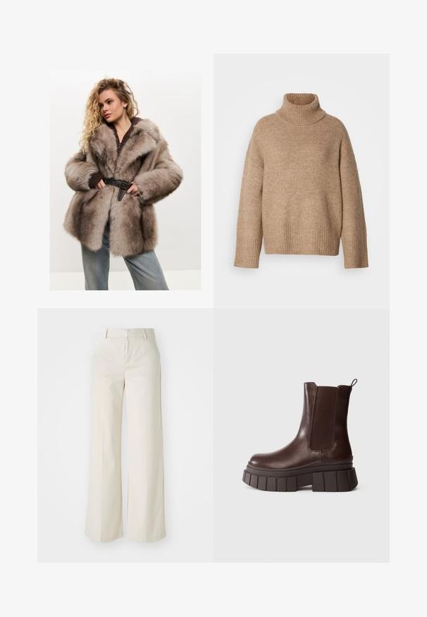 Cesare Gaspari Zimski kaput - brown; Bež pulover s rolkom izrađen od mekanog pletenog materijala. Ima rebrasti izrez i manžete, opušteni kroj i spuštene šavove na ramenima.; Hlače širokih nogavica u svijetloj bež boji, izrađene od glatke tkanine. Imaju klasičnu elastičnu traku u struku i ravni prednji dio s čistim linijama.; Tamno smeđi kožni gležnjača s debelim, masivnim potplatom i elastičnom bočnom panelom, postavljena na jednostavnoj bijeloj pozadini.