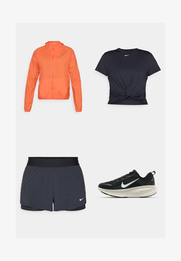 Orange letvægtsjakke med hætte, fuld lynlås og elastiske manchetter. Har et blåt logo på venstre brystområde.; Sort atletisk t-shirt lavet af glat stof, med et knyttet frontdesign og et lille hvidt Nike-logo på brystet.; Sort træningsshorts med elastisk talje, der har et lagdelt design og et lille hvidt Nike-logo nederst til venstre. Letvægtsmateriale.; Sort Nike løbesko med åndbart mesh-overdel, hvidt swoosh-logo, tekstureret detaljering og en cremede ZoomX mellemsål.