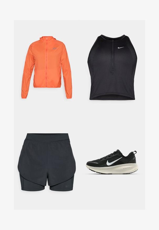 Orange letvægtsjakke med hætte, fuld lynlås og elastiske manchetter. Har et blåt logo på venstre brystområde.; Sort sports crop top med lynlås foran, mesh-detaljer og en tætsiddende pasform. Lavet af strækbart, åndbart stof. Nike-logo på forsiden.; Sorte atletiske shorts med et lagdelt design, der har et glat yderlag og tætsiddende indershorts. Lavet af letvægts, strækbart stof.; Sort Nike løbesko med åndbart mesh-overdel, hvidt swoosh-logo, tekstureret detaljering og en cremede ZoomX mellemsål.