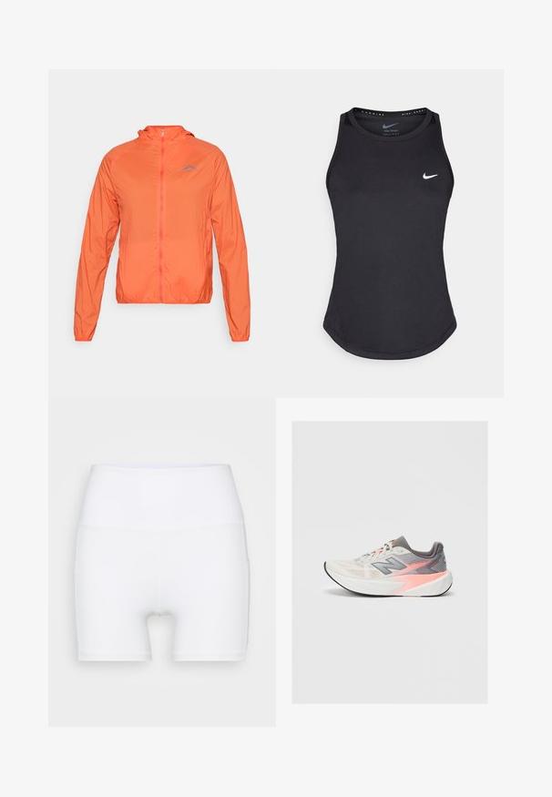 Oransje lett jakke med hette, hel glidelås og elastiske mansjetter. Har en blålogo på venstre brystområde.; Svart atletisk tanktopp laget av fukttransporterende materiale. Har rund hals, slim fit og hvit Nike-logo på brystet.; Hvite høyt midjeforfatne shorts laget av stretch-stoff. Har en jevn tekstur og en tettsittende design, uten ekstra mønstre eller utstyr.; Lys grå og rosa New Balance løpesko med tykk hvit såle og svart yttersåle, sidevisning på ensfarget bakgrunn.