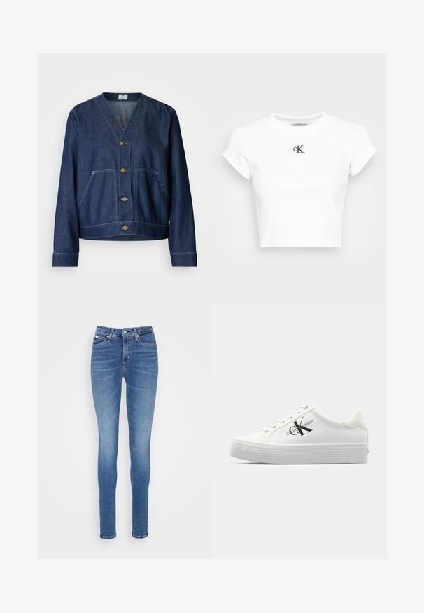 Denim jacket met een V-hals, voor sluiting met knopen, twee opgestikte zakken en contrasterende stiksels; donkerblauwe kleur met een gladde textuur.; Witte cropped t-shirt gemaakt van ribgebreide stof. Heeft een ronde halslijn en korte mouwen. Zwart geborduurd "cK" logo op de borst.; Skinny jeans in mediumblauwe denim, met een hoge taille, zachte textuur, twee voorzakken en één achterzak.; Witte platform sneakers met een glad bovenwerk van synthetisch materiaal, tonale veters en een zwart logo. De verhoogde rubberen zool heeft horizontale ribbels voor extra grip.