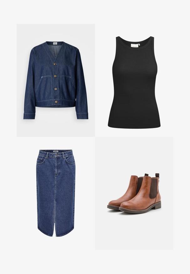 Traper jakna s V-izrezom, prednjim zatvaranjem na dugmad, dva nadstavka džepa i kontrastnim šavovima; tamnoplavih boja s glatkom teksturom.; Crna majica bez rukava od rebraste tkanine, s izrezom u obliku suknje i priljubljenim oblikom. Ravni šavovi i bez ukrasa. Jednostavan i elegantan dizajn.; Traper suknja srednje dužine, tamnoplave boje, s prednjim prorezom i klasičnim dizajnom s pet džepova, koja se zatvara dugmetom i patentnim zatvaračem.; Smeđe kožne gležnjače s elastičnim bočnim panelima, okruglim vrhom i niskim drvenim petama. Imaju petlju za lakše obuvanje.