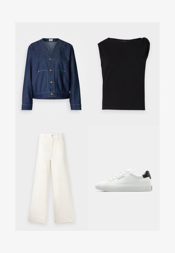 Denim jacket met een V-hals, voor sluiting met knopen, twee opgestikte zakken en contrasterende stiksels; donkerblauwe kleur met een gladde textuur.; Zwart kortmouwtop gemaakt van soepel stof. Heeft een ronde halslijn en een gedrapeerd detail op de schouder. Eenvoudig, aansluitend ontwerp.; Bredere broek van lichtbeige katoen. Heeft een hoge taille, voorzakken en een rechte snit. Schoon afgewerkte zoom zonder patronen.; Witte sneaker met een gladde afwerking, zwarte hielaccenten en vetersluiting. Bevat "Calvin Klein" branding aan de zijkant. Minimalistische stijl.