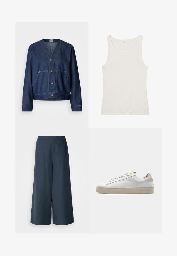 Denim jaka ar V veida kaklu, priekšējo pogu aizdari, divām kabatām ar tamponiem un kontrastējošu šuvumu; tumši zila krāsa ar gludu tekstūru.; Balta kokvilnas topiņa ar platu kakla izgriezumu un plānām plecu lencēm. Gluda tekstūra bez redzamām apdrukām vai rotājumiem.; Platās bikses tumši zilā krāsā, izgatavotas no viegla auduma. Iespējo nedaudz teksturēta virsma, elastīga jostasvieta un priekšējās šuves.; Baltas ādas sporta apavi ar gludu virsmu, bēšas zamša akcenti, apaļa pirksta forma, plakans šņorēšanas dizains un tekstūrota gumijas zole.