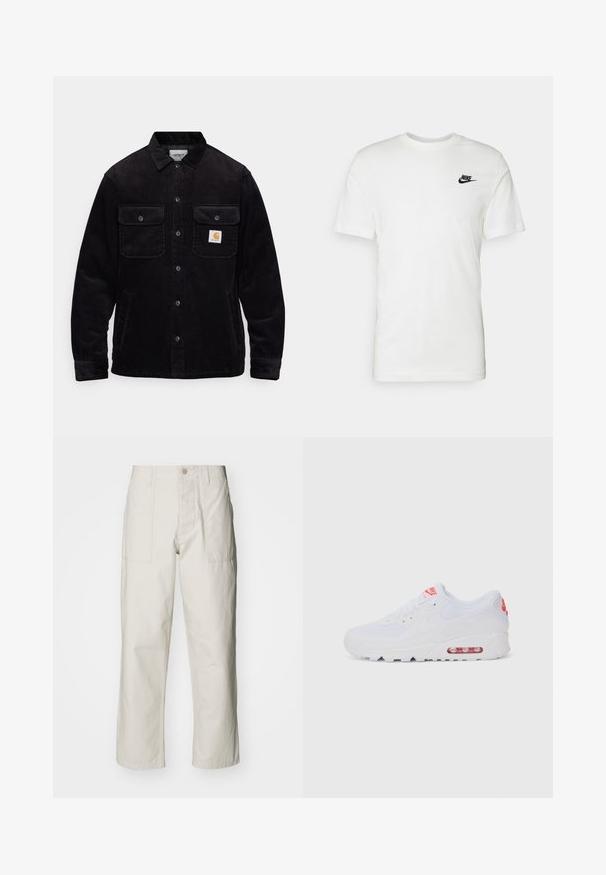 Schwarze Cordjacke mit zwei Brusttaschen mit Klappen, einem Knopfverschluss und einem Logopatch auf der linken Tasche. Strukturierter Stoff.; Weißes Baumwoll-T-Shirt mit kurzen Ärmeln, rundem Halsausschnitt und einem schwarzen Nike-Logo auf der linken Brust. Glatte Textur und klassische Passform.; Helle beige weit geschnittene Hose aus Baumwolle. Verfügt über Fronttaschen und einen Knopfverschluss. Glatte Textur mit dezenten vertikalen Streifen.; Weiße Sportsneaker mit einem glatten Obermaterial, Schnürverschluss, gepolsterter Sohle und einem sichtbaren Luftpolster mit roten Akzenten im Branding.