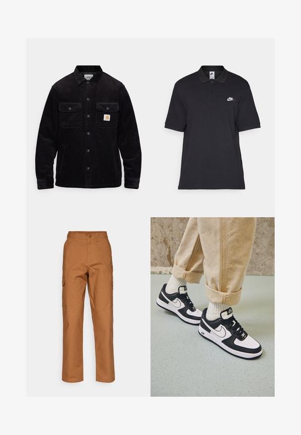 Svart cordfløyelsjakke med to brystlommer med klaffer, knappelukking og en logopatch på venstre lomme. Strukturert stoff.; Svart polo skjorte laget av bomull, med to-knapp placket, korte ermer, og en hvit Nike-logo på venstre bryst.; Brune cargo bukser i en tekstureret bomuldsblanding, med et lige ben design, to sidelommer og en knaplukning i taljen.; Sorte og hvite Nike Air Force 1-sneakers med skinnoverdel, perforert tå og teksturert såledetalj, brukt med oppbrettede beige bukser og hvite sokker.