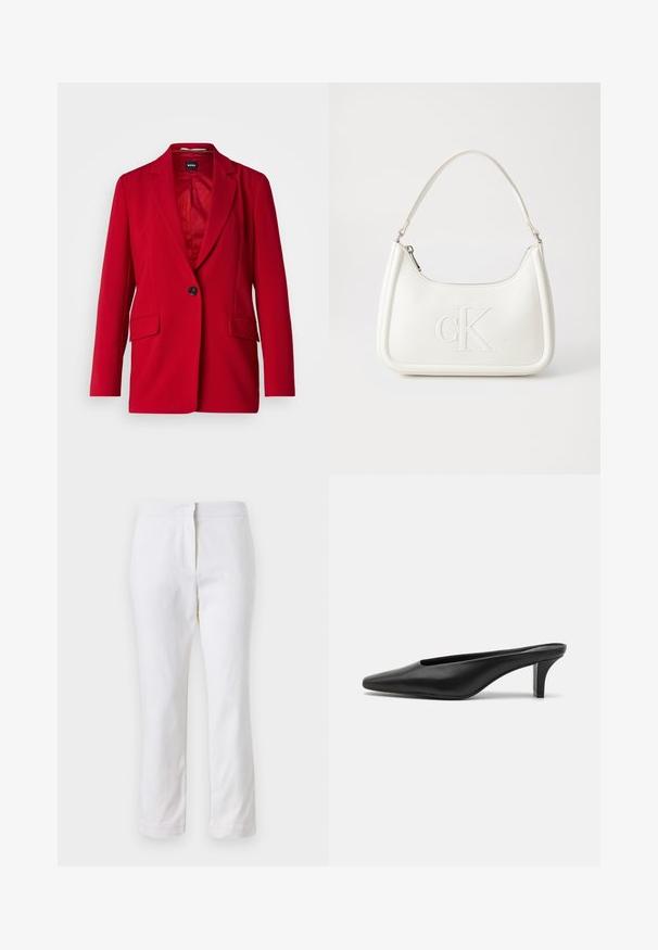 BOSS JOCALUAH - Puspaltis - bright red; Balta trumpa rankovėmis marškinėliai, pagaminti iš pasiruošusio audinio. Apvali iškirptė, reguliari tinkamumas ir subtilūs siuvimo detalės. Be raštų ar grafikos.; Balti medvilniniai kelnių su tiesiu kojų dizainu, turintys vidutinį liemenį ir be matomų detalių ar raštų. Lygi tekstūra visame paviršiuje.; Juodi odiniai mulesai su smailiu priekiniu kraštu ir žemu stiletto kulnu. Lygi tekstūra, minimalistinis dizainas ir atvira nugarėlė patogiam dėvėjimui.; Balta odinė rankinė su išlenkta forma, su reljefiniu "CK" logotipu priekyje ir viena petneša. Užtrauktuko uždarymas viršuje.