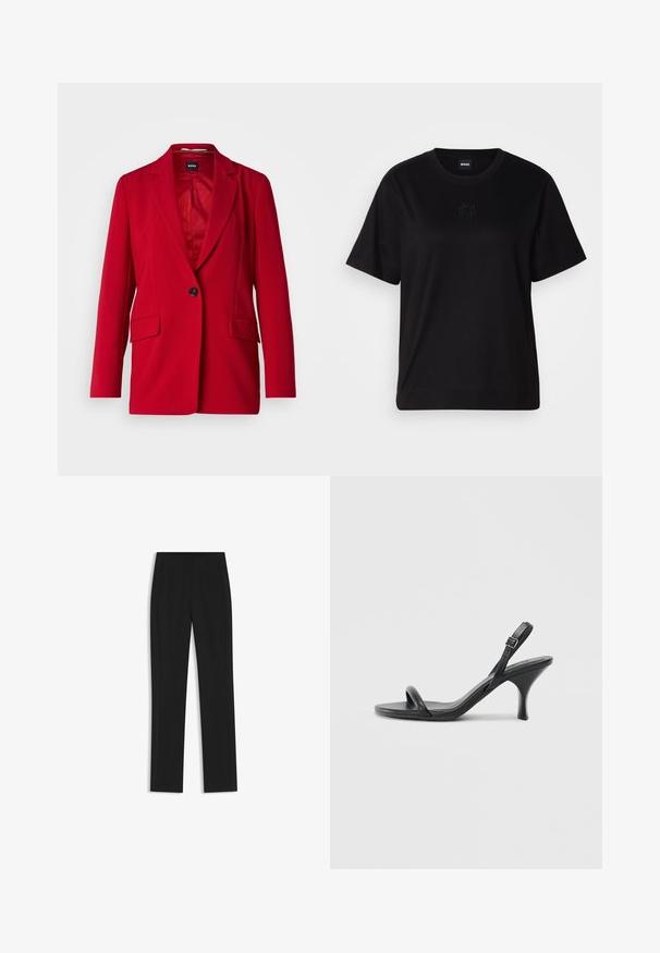 BOSS JOCALUAH - Pitkä takki - bright red; Musta puuvillapaita, jossa on pyöreä kaula-aukko, lyhyet hihat ja brodeerattu logo rinnassa. Yksinkertainen, rento istuvuus ilman kuvioita.; Mustat räätälöidyt housut suoran lahkeen designilla, joissa on etutaskut ja sileä, teksturoitu kangas. Siistit, minimalistiset yksityiskohdat.; Mustat nahkaiset korkokengät, joissa on hoikka, kaareva korko ja ristiin menevä hihnadesign. Säädettävä nilkkahihna. Silkkinen pinta.