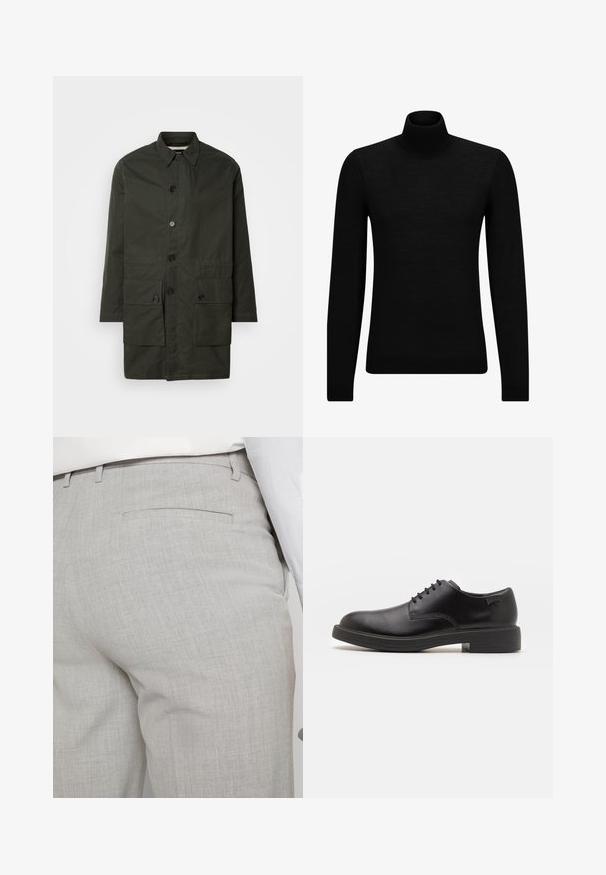 Olīvu zaļš, līdz ceļgaliem garš jakas mētelis izturīgā audumā ar pogu aizdari, apkakles kaklu un divām priekšējām kabatām ar atloku.; Melnā augstā kakla džemperis, kas izgatavots no mīksta materiāla, ar garām piedurknēm un pieguļušu piegriezumu. Ribota apdare ap apakšu un piedurknēm. Vienkāršs dizains.; Gaiši pelēkas pielāgotas bikses no teksturēta auduma, ar vienu aizmugurējo kabatu un tīru šuvju apdari.; Melna āda sašūta kurpe ar noapaļotu purngalu, gludu tekstūru, minimālu šuvju skaitu un zemu gumijas papēdi. Logo uz papēža.