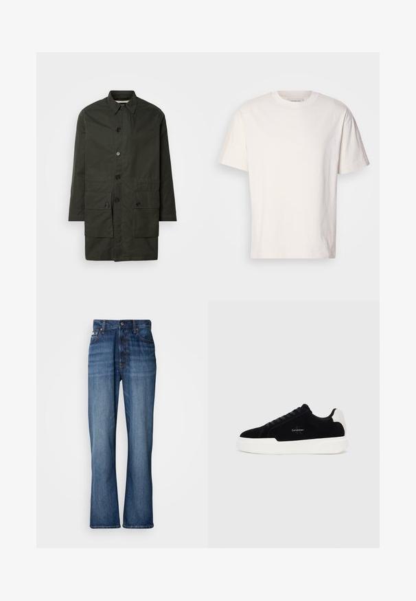 Chaqueta verde oliva, de longitud a la rodilla, en un tejido duradero que presenta un cierre de botones, cuello con solapa y dos bolsillos frontales con tapa.; Camiseta de algodón color crema con cuello redondo. Mangas cortas y un corte relajado. Presenta un pequeño logo en el escote. Textura suave.; Jeans de mezclilla azul con cintura alta, piernas acampanadas, diseño de cinco bolsillos y costuras tonales. Cuenta con cierre de botón y bolsillos remachados.; Zapatilla negra de corte bajo con suela blanca y tab de talón, parte delantera con cordones y logo de Calvin Klein en el lateral.