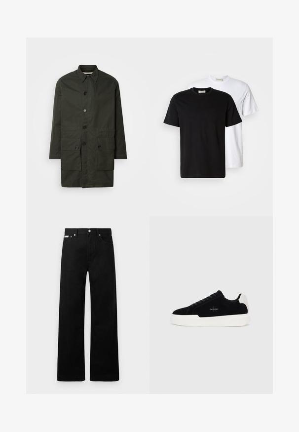 Maslinasto zelena jakna do koljena, izrađena od izdržljivog materijala, s kopčanjem na dugmad, ovratnikom i dva prednja džepa s preklopom.; Dva obična pamučna majice, jedna crna ispred bijele, obje s kratkim rukavima i okruglim izrezima.; Crne traperice širokog kroja, s pet džepova i metalnim dugmadi. Glatka tekstura, bez vidljivih uzoraka.; Crni niskoprični tenisice s bijelim potplatom i petom, sa vezanjem sprijeda i Calvin Klein logotipom sa strane.