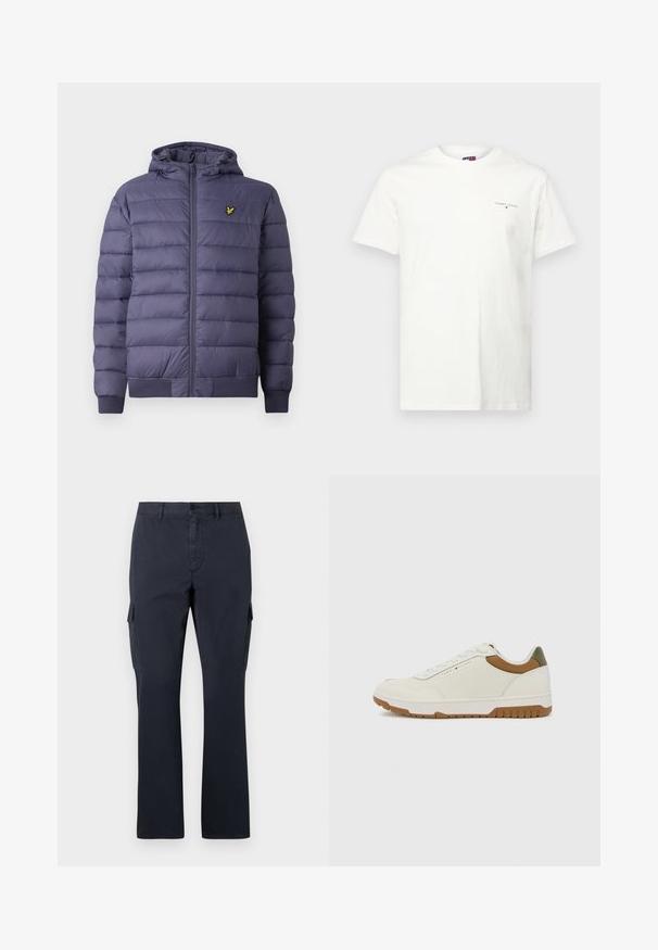 Meeste tumesinine tikitud puffer-jakk kapuutsiga, ees lukuga, soonikkätistega ja väike kollane linnu logo vasakul rinnal.; Valge puuvillane T-särk lühikeste varrukatega, V-kaelusega ja väikese tikandiga logoga vasakul rinnal. Sile tekstuur ja regulaarne lõige.; Tumesinine cargo püksid, mis on valmistatud puuvilla segakangast, küljetaskudega, sirge lõikega ning lame esiosa koos nupukinnitusega.; Tommy Hilfiger BASKET CORE - Tossud - ecru/army green
