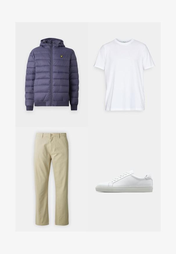 Férfi sötétkék steppelt pufajka kapucnival, elülső cipzárral, bordázott mandzsettákkal és egy kis sárga madár logóval a bal mellrészen.; Fehér pamut póló rövid ujjakkal, kerek nyakkivágással és laza fazonnal. Minimalista dizájn jellemzi, nincsenek minták vagy díszek.; Beige színű, egyenes lábú pamut nadrág, elöl gombos záródással és övhurkokkal. Simaság jellemzi, látható minták vagy díszítések nélkül.; Fehér sportcipő sima bőr felső résszel és alacsony profilsal. Kerek orr, hat fűzőlyuk és barázdált gumitalp jellemzi.