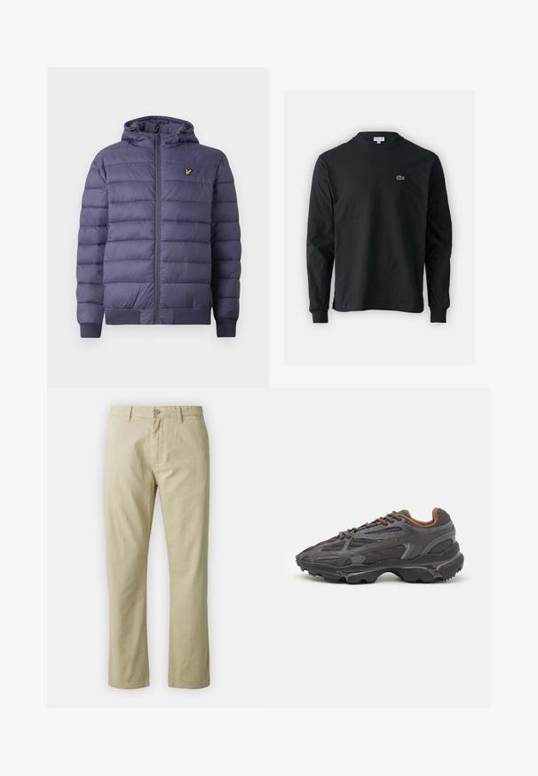 Mörkblå kviltad pufferjacka för män med huva, framdragkedja, ribbade ärmslut och en liten gul fågel-logotyp på vänster bröst.; Svart långärmad t-shirt i bomull, med rund halsringning och en liten grön broderad krokodil-logotyp på vänster bröst.; Beiga bomullsbyxor med rak benform, framknäppning och bälteshällor. Slät textur, inga synliga mönster eller detaljer.; Lacoste-sneakers i mörkgrått med nät och syntetmaterial, med en strukturerad sula och bruna detaljer på kragen och varumärket.