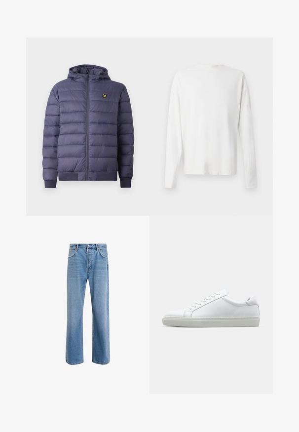 Herre navy blå quilted pufferjakke med hette, frontglidelås, ribbestrikkede mansjetter og liten gul fuglelogo på venstre bryst.; Langermet hvit bomullsskjorte med rund hals, sidespalter nederst og en jevn tekstur, vist fra baksiden.; Lys blå denimjeans med rett ben-design, fem lommer, knappeåpning, minimal falming og kontrasterende sømdetaljer.; Hvit sneakers med en glatt skinnoverdel og lav profil. Har en rund tå, seks snøring hull, og en teksturert gummisåle.