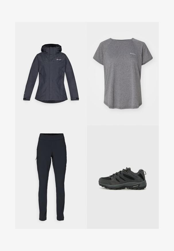 Dark gray waterproof jacket with a hood, featuring a zip closure, adjustable cuffs, and a logo on the left chest. Smooth texture.; Gray short-sleeve shirt featuring a subtle textured pattern, round neckline, and Columbia logo on the chest. Soft fabric, relaxed fit.; Black athletic pants with a slim fit, elastic waistband, and a side pocket featuring a zipper. Smooth, stretchy fabric with minimal seams.; Columbia REDMOND - Hiking shoes - black/citron haze