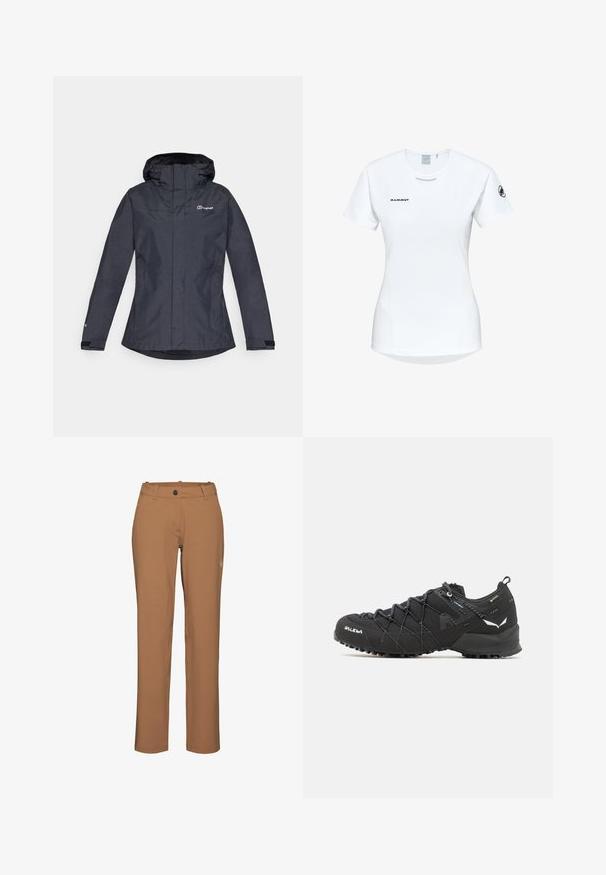 Mørkegrå vandtæt jakke med hætte, der har lynlås lukning, justerbare ærmer og et logo på venstre bryst. Glat tekstur.; Kortærmet hvid sportsshirt med rund hals, prydet med et logo på brystet og en glat, let stofstruktur.; Mammut Outdoorbukser - claystone; Sorte vandresko med en tekstureret stofoverdel, snøresystem og robust gummisål. Accenteret med reflekterende detaljer og logoer.