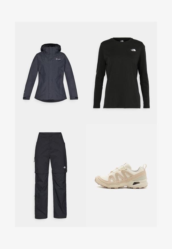 Giacca impermeabile grigio scuro con cappuccio, dotata di chiusura con zip, polsini regolabili e logo sul petto a sinistra. Tessuto liscio.; T-shirt nera a maniche lunghe in cotone con colletto rotondo. Presenta un piccolo logo bianco sul lato sinistro del petto. Design semplice e vestibilità comoda.; Pantaloni cargo in nylon nero con zip rimovibile, polsini regolabili, molteplici tasche e un logo sulla gamba destra. Tessuto liscio e leggero.; Scarpa atletica beige e crema con tomaia in mesh testurizzato, sovrapposizioni supportive e suola in gomma con un motivo a tasselli per la trazione.