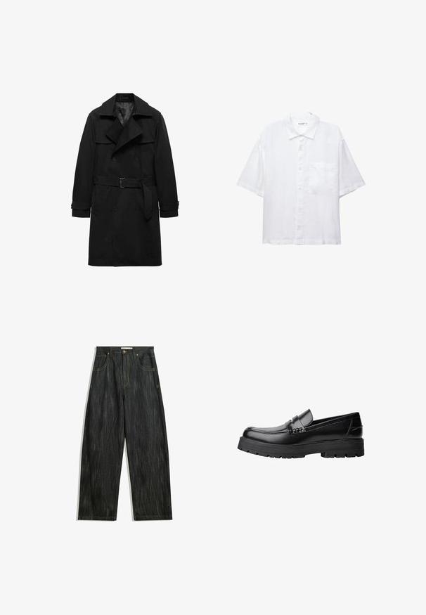 Crni trench kaput s dvostrukim kopčanjem sprijeda, velikim izrezanim ovratnikom, remenom u struku i manžetama na rukavima. Glatka tekstura tkanine.; Bijela košulja kratkih rukava s kopčanjem sprijeda, ovratnikom i jednim džepom na prsima. Izrađena je od lagane tkanine s glatkom teksturom.; Tamne traperice tamnog denima sa slobodnim krojem, s blagim vertikalnim teksturom, žutim šavovima, pet džepova i klasičnim dugmetom za zatvaranje.; Crna kožna mokasina s debelim potplatima i dekorativnom trakom preko gornjeg dijela, prikazana u lijevom bočnom profilu na bijeloj pozadini.