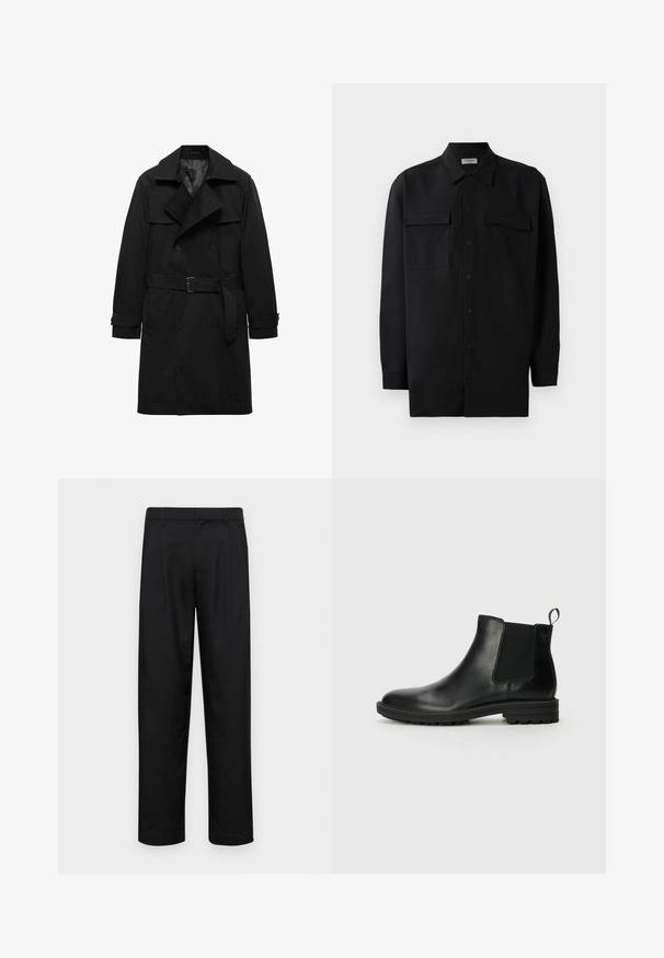 Crni trench kaput s dvostrukim kopčanjem sprijeda, velikim izrezanim ovratnikom, remenom u struku i manžetama na rukavima. Glatka tekstura tkanine.; Crna košulja s dugim rukavima od glatkog materijala, s klasičnom kragnom, dva prednja džepa i dugmadima na manžetama.; Crne hlače od glatkog materijala, s dizajnom ravnih nogavica, dva prednja nabora i standardnim pojasom s petljama za remen.; Jack & Jones JFWHOSKINS - Klasične gležnjače - anthracite