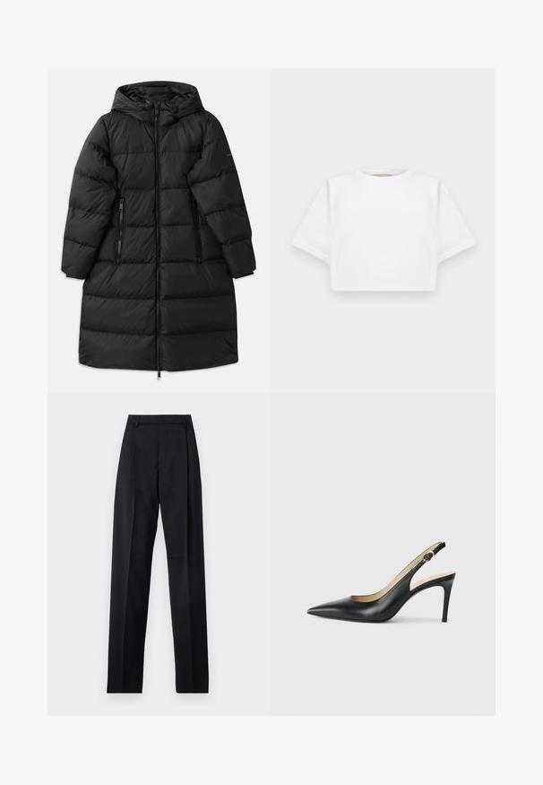 Must musta jope kapuutsiga, millel on tikandiga muster, kaks lukuga külge taskut ja täispikk lukku sulgemine. Sile tekstuur.; Lühikeste varrukatega, pehmest kangast lõigatud valge T-särk, millel on ümar kaelus ja soonikuga ääred. Lihtne ja ilma kaunistusteta disain.; Mustad püksid siledast kangast, millel on kõrge vöökoht, laiad jalad, esimesed kortsud ja klassikalised vööloopid. Küljepockets pole nähtavad.; Mustad nahast seljataga kõrged kontsad, kellel on terav varvas, reguleeritav rihm ja sujuva viimistlusega stiilne stiletto konts.