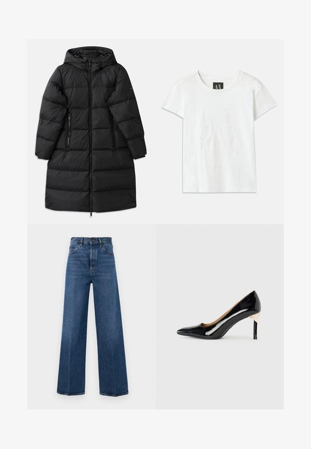 Casaco puffer preto com capuz, apresentando um design acolchoado, dois bolsos laterais com fecho zip e um fecho zip de comprimento total. Textura suave.; T-shirt de algodão branca com mangas curtas, apresentando um logo em relevo "AX" na frente e o texto "ARMANI EXCHANGE" abaixo em um design sutil.; Jeans azuis de perna larga feitos de denim, com uma cintura alta, bolsos frontais e costura em contraste. O tecido tem uma textura suave.; Sapato de salto alto em verniz preto com bico fino e design recortado; apresenta um elegante detalhe dourado no salto. Simples e elegante.