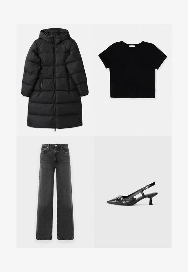 Must musta jope kapuutsiga, millel on tikandiga muster, kaks lukuga külge taskut ja täispikk lukku sulgemine. Sile tekstuur.; Must muströömiline must t-särk, mis on valmistatud pehmest puuvillast. Sellel on lühikesed varrukad, ümar kaelus ja puhas serv ilma kaunistusteta.; Mustad kõrge vöökoht ja sirged jalgadega teksad, millel on ees nupp ja lukk, kaks eesmist taskut ja kaks tagumist taskut.; Must must have must toote tõmblukuga, dekoratiivsed rihmad metallist silmadega ja madal blokk-kand. Tekstureeritud pind.