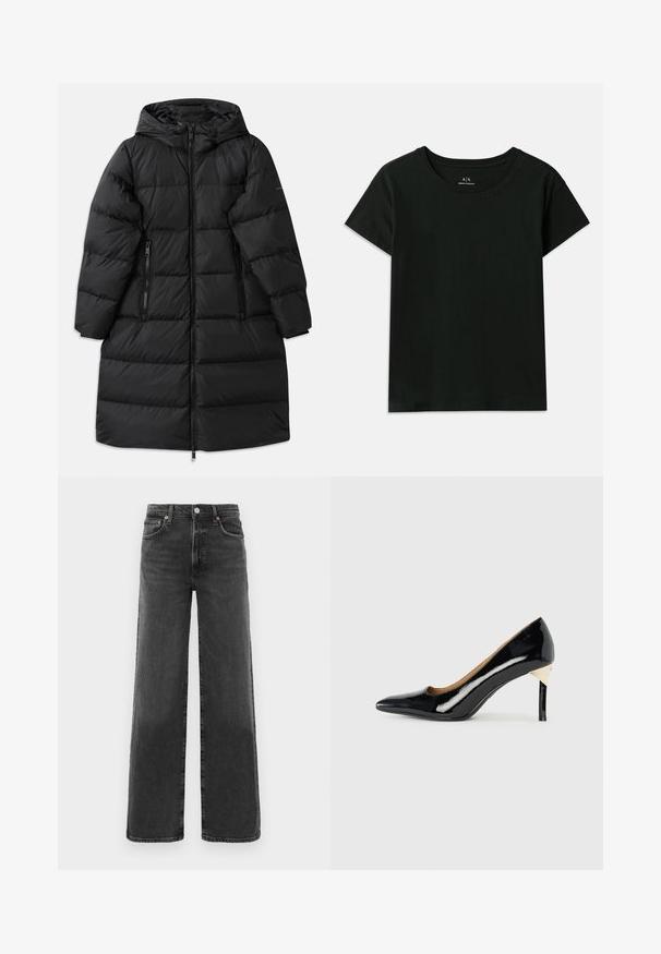 Must musta jope kapuutsiga, millel on tikandiga muster, kaks lukuga külge taskut ja täispikk lukku sulgemine. Sile tekstuur.; Must have lühikeste varrukatega must T-särk, mis on valmistatud puuvillast. Omab ümarat kaelaauku ja sissepressitud "Armani Exchange" teksti õlavarre pikkuses. Lihtne disain.; Mustad kõrge vöökoht ja sirged jalgadega teksad, millel on ees nupp ja lukk, kaks eesmist taskut ja kaks tagumist taskut.; Must musta kõrge kontsaga king, millel on terav nina ja lõikekujundus; sisaldab peent kuldset aktsenti kontsal. Lihtne ja elegantne.