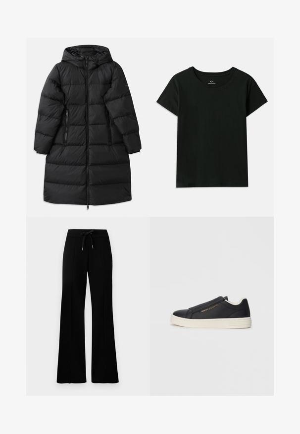 Juodas pūkinis paltas su kapišonu, su megztu dizainu, dviem užtraukiamomis šoninėmis kišenėmis ir pilnu užtrauktuku. Maloni tekstūra.; Juodas trumpomis rankovėmis T-marškiniai, pagaminti iš medvilnės. Su apvaliu kaklu ir iškilniu „Armani Exchange“ tekstu palei petį. Paprastas dizainas.; Juodi platūs sportiniai kelnių su raišteliu liemeniu, šoninėmis įpjovomis, minkšta medžiaga ir elegantiškas dizainas.; Juodas odinis sportinis batai be raištelių su baltu padu, auksiniu "Armani Exchange" logotipu šone ir minimalistinėmis siuvimo detalėmis.