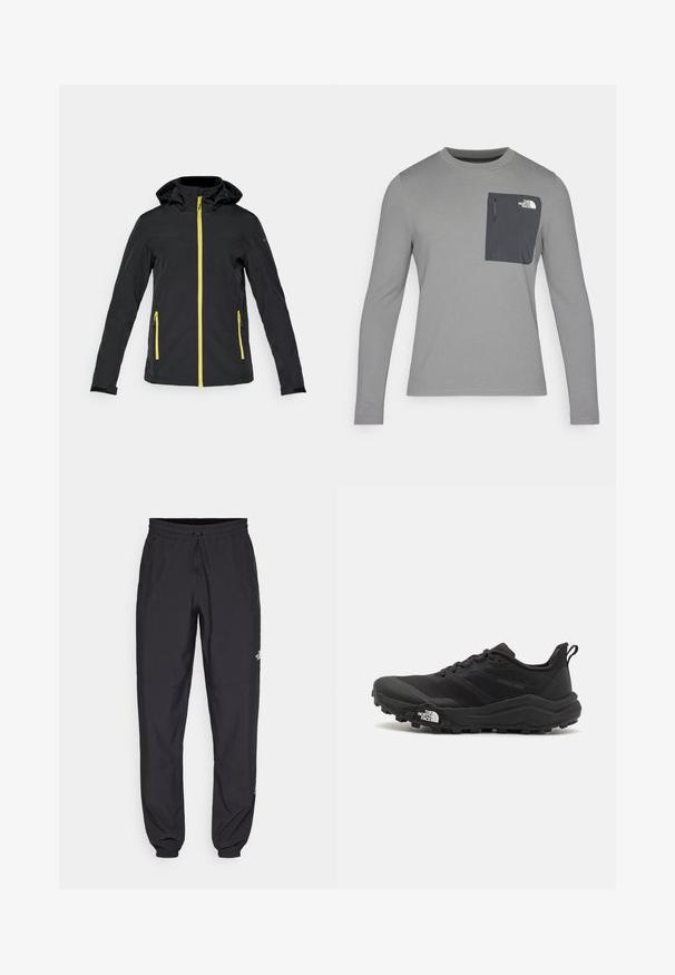 Black jacket with yellow zipper and accents. Features a hood, two side pockets, and a fitted design. Made of smooth, flexible material.; Long-sleeve gray shirt with textured fabric, featuring a dark gray chest pocket and a zip closure. Logo on pocket in white.; Black athletic pants made from lightweight fabric, featuring a drawstring waistband, side pockets, and tapered cuffs at the ankles.; Black trail running shoe with a textured upper, rubber sole, and reinforced toe cap. Features a padded collar and pull tab for easy wear.