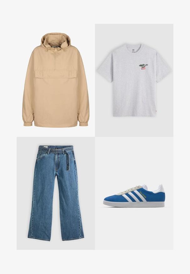 Beżowa, kapturowa bluza z półzamkiem, przednią kieszenią, elastycznymi mankietami i luźnym krojem, wykonana z gładkiego, lekkiego materiału.; Szara, krótko-sleeve koszulka z bawełny, z kolorową grafiką rośliny na lewym piersiowym obszarze oraz czerwonym logo "Levis".; Niebieskie dżinsowe spodnie szerokie z dołączonym paskiem, kieszeniami z przodu i widocznym przeszyciem na jednolitym jasnym tle.; adidas Originals GAZELLE niebieski