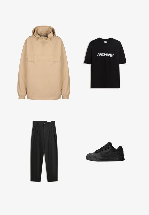 Beige hooded pullover jacket with a half-zip, front pocket, elastic cuffs, and a relaxed fit made from smooth, lightweight material.; Black cotton T-shirt featuring a white "ARCHIVE inc." logo across the chest, short sleeves, and a crew neckline.; Black cotton trousers with a relaxed fit, featuring a classic waistband, front pleats, and side pockets. Smooth texture without patterns.; Black sneakers with a textured upper, featuring laces, mesh accents for breathability, padded collar, and a sturdy outsole.