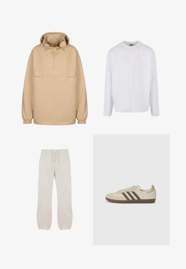 Beżowa, kapturowa bluza z półzamkiem, przednią kieszenią, elastycznymi mankietami i luźnym krojem, wykonana z gładkiego, lekkiego materiału.; Biała bawełniana koszulka z długim rękawem, okrągłym dekoltem, luźnym krojem i bez widocznych wzorów lub akcentów. Gładka tekstura.; Jasnobeżowe lniane spodnie z elastycznym pasem i sznurkiem. Prosty fason nogawek o gładkiej teksturze i delikatnym zwężeniu na kostkach.; adidas Originals SAMBA OG UNISEX mleczny