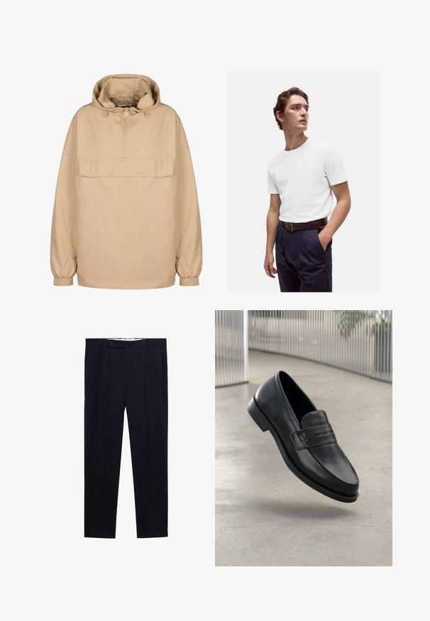 Giacca a pullover con cappuccio beige, con mezza zip, tasca frontale, polsini elasticizzati e vestibilità comoda, realizzata in materiale leggero e liscio.; T-shirt bianca in cotone con scollo rotondo, indossata con pantaloni plissettati blu navy e una cintura in pelle marrone con fibbia dorata.; Pantaloni blu navy con design a gamba dritta, doppi pinces e chiusura con bottone in vita. Realizzati in un tessuto liscio senza motivi.; Mocassino in pelle nera con texture liscia, punta appuntita e una fascia decorativa sul collo del piede. Suola leggera, design minimale.