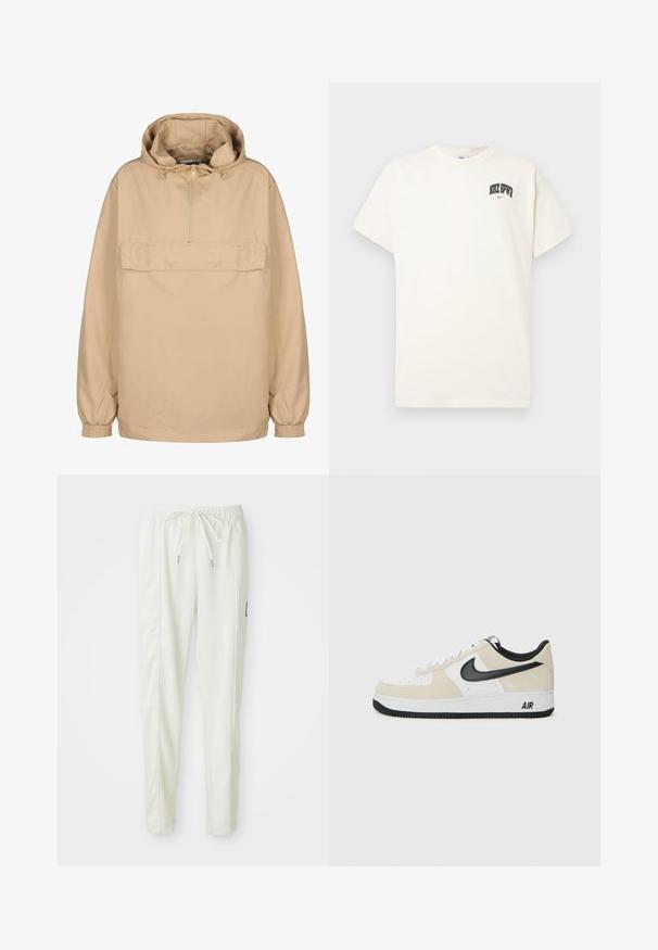 Beige hooded pullover jacket with a half-zip, front pocket, elastic cuffs, and a relaxed fit made from smooth, lightweight material.; Cream-colored cotton t-shirt with short sleeves, featuring "NIKE SB" in black and red text on the chest. Standard round neckline.; White slim-fit jogger pants with elastic waistband and drawstring, featuring side seam detailing and a small black patch on the right leg.; Sneakers with a light beige suede and white leather upper, black Nike swoosh, black accents, and a white rubber sole featuring "AIR" branding.