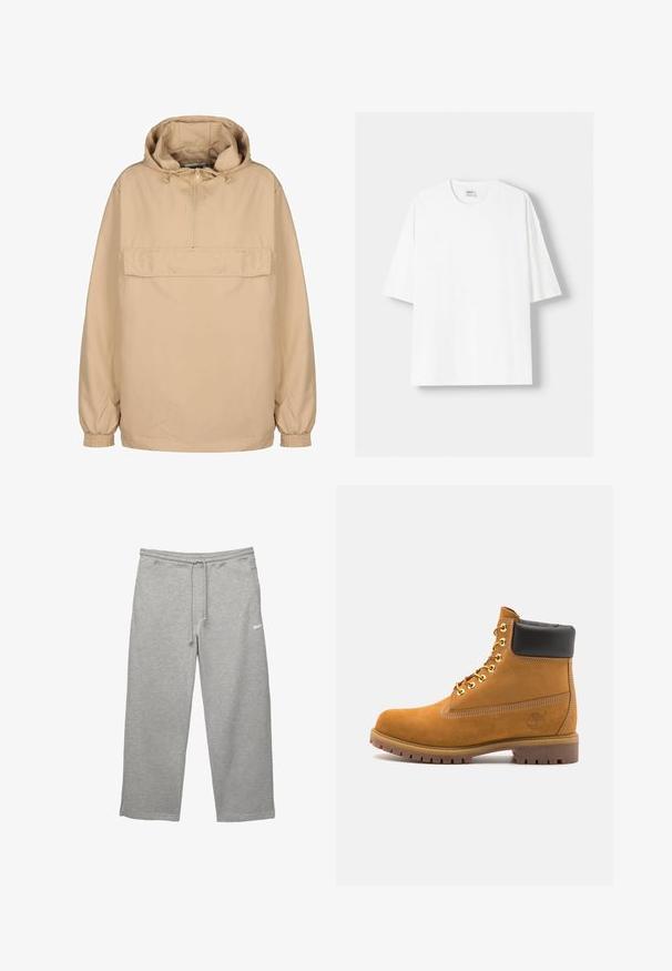 Beige hættetrøje med halv-lynlås, frontlomme, elastiske manchetter og en afslappet pasform lavet af glat, let materiale.; Hvid kortærmet T-shirt lavet af bomuld, med rund halsudskæring og en afslappet pasform. Glat tekstur, uden synlige mønstre eller detaljer.; Grå sweatsbukser lavet af blødt stof med elastisk taljebånd, justerbar snor og sidelommer. Har et lille hvidt logo.; Tan nubuck ankelstøvle med sort polstret krave, gyldne metaløjer, hvid syning detaljer og robust gummisål med udtalte slidbaner.