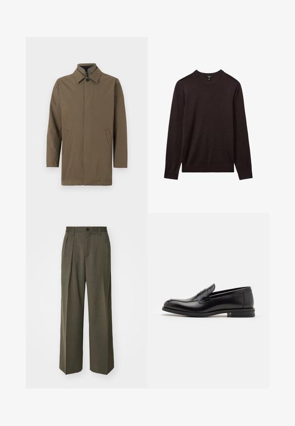 Brun, let frakk med høj krave, frontknaplukning og to sidelommer. Glat struktur, lige snit og minimalistisk design.; Reiss Striktrøje - dark bordeaux; Filippa K WIDE TROUSERS - Bukser - driftwood; Sorte læderloafers med en glat overflade, rund tå og en dekorativ strop over vampen. Lav hæl med stabeldesign, minimalistisk stil.