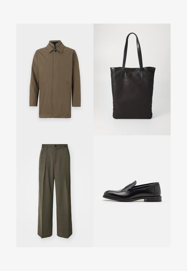 Brun, lättviktsjacka med hög krage, knappstängning fram och två sidfickor. Slät textur, rak skärning och minimal design.; Vit långärmad skjorta med knappar, tillverkad av bomull, med en bröstficka med ton-i-ton broderi, krage och knappmanchetter.; Filippa K WIDE TROUSERS - Tygbyxor - driftwood; Svarta läderloafers med en slät yta, rund tå och ett dekorativt band över främre delen. Låg staplad klack, minimalistisk design.; Svart canvas toteväska med svarta läderhandtag. Enkel design, rymlig kropp och en slät textur. Inga synliga logotyper eller mönster.