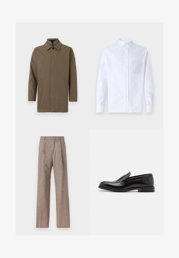 Ruskea, kevyt takki, jossa on korkea kaulus, edessä nappikiinnitys ja kaksi sivutaskua. Silkkinen pinta, suora leikkaus ja minimaalinen muotoilu.; Valkoinen pitkähihaista napillista paitaa, joka on valmistettu puuvillasta. Paita sisältää rinnan kohdalla taskun, jossa on samaa sävyä oleva brodeeraus, kauluksen sekä napilliset hihansuut.; Ruskejat, korkeavyötäröiset housut, jotka on valmistettu teksturoidusta kankaasta. Ominaisuuksina ovat leveät lahkeet ja kaksi etupuolelle ommeltua laskosta rakenteen tukemiseksi. Siisti viimeistely ilman näkyvää metalliosaa.; Mustat nahkakengät, joissa on sileä pinta, pyöreä kärki ja koristeellinen nauha jalkapöydän yli. Matala pinoitu koroke, minimalistinen muotoilu.